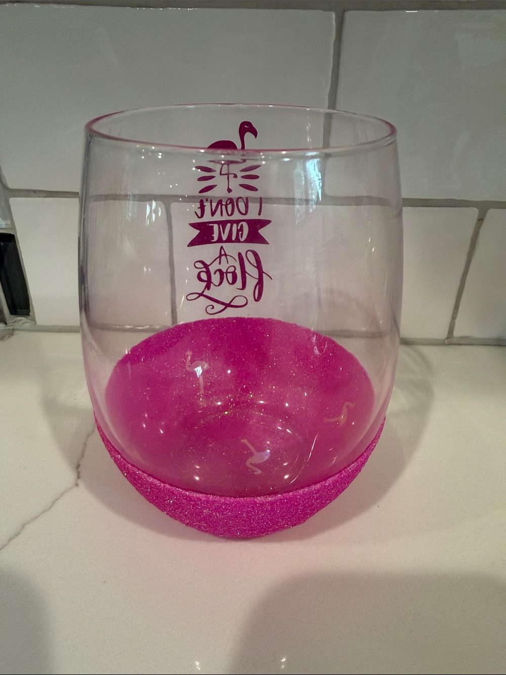 Pink Flamingo Stemless Wine Glass with Glitter Base - Picture 3 of 4